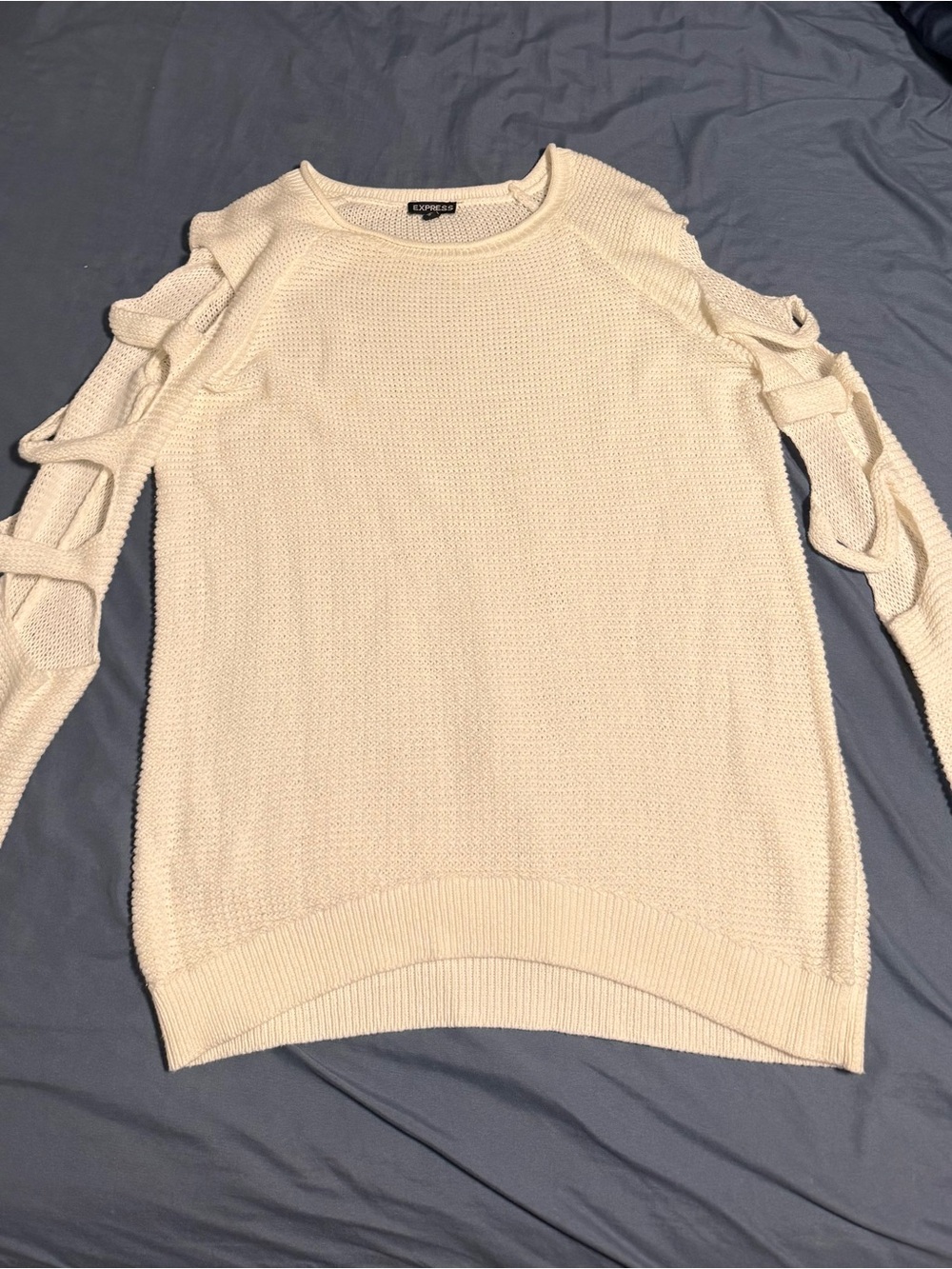 Express Cream Open-Ladder Sleeve Crew Neck Sweater